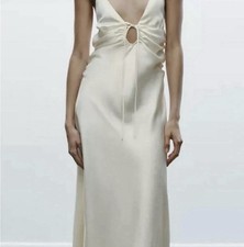 NWT Zara White Satin Midi Dress Size XS Ruched Draped Backless Slip Bridal picture