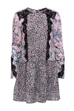 BCBG Max Azria - Pink, Blue & Black Floral Print Drop Waist 