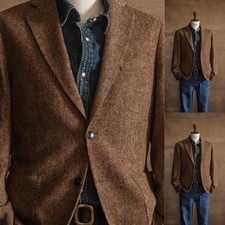 Herringbone Mens Blazer Vintage Winter Warm Jacket Tweed Coat Wool Casual Jacket picture