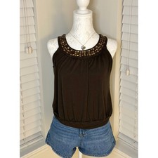 Vintage Y2k Womens Brown Beaded Neckline Sleeveless Bubble Hem Tank Top PS picture