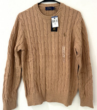 Polo Ralph Lauren Men's Cable Knit Cotton Crewneck Sweater Brown Pony M picture