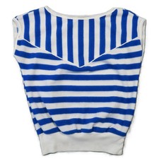 Vintage 70s 80s Striped Blouson Top S Blue White Terry Knit Cap Sleeve Beach USA picture