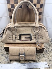 Vintage Y2K GUESS Ostrich Faux Leather Satchel Purse Bag & Wallet Set Beige picture
