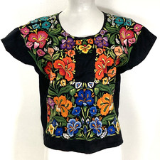 Vintage HAND EMBROIDERED Huipil De Oaxaca Mexican Black Floral Blouse Top L picture