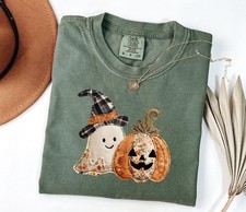 Retro Patchwork Halloween Ghost T Shirt, Halloween Pumpkin, Spooky Season Gift picture