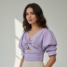 Mare Mare Lilac Purple Cotton Puff Sleeve Tie Back Crop Top Blouse Size Med NEW picture