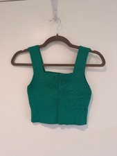 Green Ribbed Knit Square Neck Crop Tank Top M picture