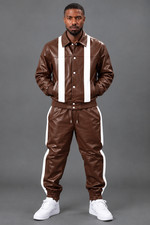 Men's Handmade Genuine Lambskin Brown/White Leather Jogging Tracksuit SweatSuit picture