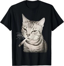Funny Grumpy Cat Smoking Joint Cigarette Meme Black White Graphic T Shirt picture