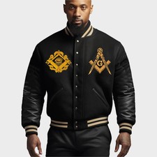 Masonic Leather Varsity Jacket Black Gold Freemason Bomber Kingsman Inspired picture