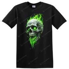 Neon Green Flaming Skull Halloween Horror T Shirt Spooky Gothic Tee Gift Fan picture
