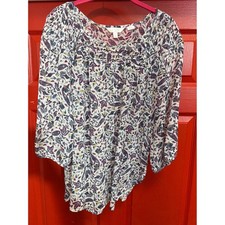 LC Lauren Conrad Floral Paisley Pleated Blouse Purple Cream Large 3/4 Sleeve picture