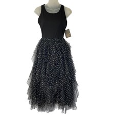 Lark + Grey Whimsigoth Polka Dot Tulle Tiered Midi Dress Size S Black Sleeveless picture