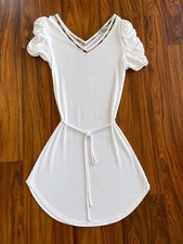 Burberry Women's White Mini Dress XL V-Neck Ruched Sleeves Check Trim picture