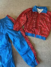 Kids Vintage 90s Windbreaker Tracksuit Set Red Floral Colorblock Jacket & Pants picture