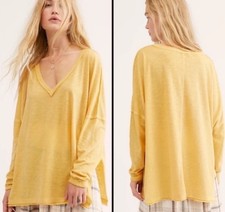 NEW Free People Women's On My Mind V-Neck Long Sleeve Shirt Camel/Yellow Size M picture