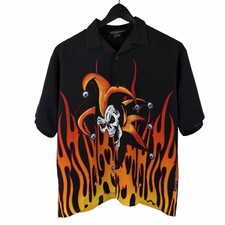 Vintage 2000s Y2K Silver Point Skull Joker Flame Grunge Button Up Shirt Size XL picture