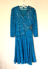 Vtg D'ore Silk Dress Blue Beaded Evening Dore 80s Knee Vneck picture