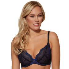 Gossard Superboost Lace Plunge Bra 7711 Black/Electric Blue Sheer Lingerie NWT picture