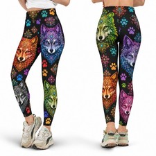 Colorful Wolf Leggings, Mandala Paw Print High Waist Yoga Workout Pants picture