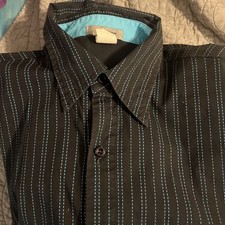 Vintage Y2K Pop Icon Mens L Shirt Black Turquoise Pinstripe Button Up USA Made picture