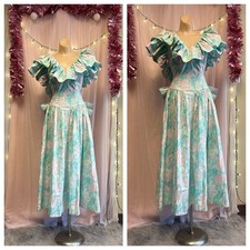 Vintage 80s Floral Print Prairie Dress Blue Pink Victorian Off Shoulder S picture