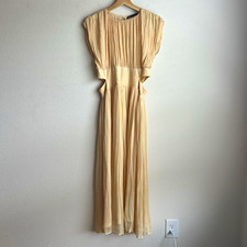 Zara Beige Pleated Chiffon Maxi Dress S Sleeveless Round Neck Button picture