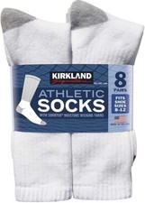 Men's Kirkland Signature Athletic Crew Socks 8-pair, White Ft Size 8-12 USA Made picture