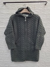 New Aran Crafts 100% Wool Long Sleeve Hooded Full Zip Coat Army Green Size Small picture