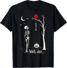Skeleton Lost Balloon Funny Halloween Dark Humor Graphic T-Shirt picture