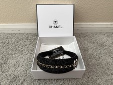 CHANEL Black Tweed Headband Gold Chain Crystal CC Logo Hair Accessory w/ Box picture