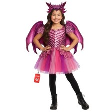 Morph Girls Dragon Costume Kids Pink Dragon Dress + Wings Halloween 3 - 12 Yrs picture