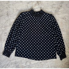 J.Crew Classic Polka Dot Smocked High Neck Blouse | Dark Navy | Long-Sleeve picture