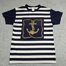 Vintage 90s Lucky Vince Nautical Anchor Graphic T-Shirt Made USA Navy Striped M picture