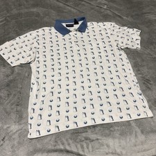 Vintage Jantzen Sport Polo Shirt Mens Large White Blue Allover Print Golf 90s picture