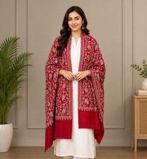 Handcrafted Handmade Nalki Embroidery Fine Wool Kashmiri Shawl Red INDIAN picture