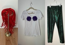 Ariel Mermaid Halloween Costume Set Red Wig Shell Top Green Leggings picture