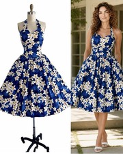 Vintage 1980s 1950s Style Blue Floral HAWAIIAN Pinup Dress Halter Top Sundress picture