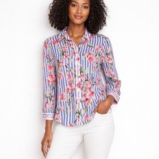 Talbots Petites Women's Small Floral Stripe Button Down Shirt Preppy Coastal picture