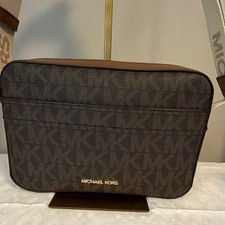 Michael Kors MK logo brown coated canvas shoulder bag zip, beige strap, gold picture