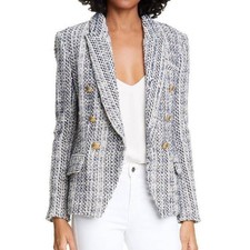 LaGENCE Kenzie Double-Breasted Tweed Blazer Blue White Gold Button Business 8 picture