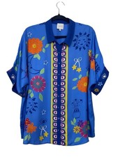Jade by Johnny Was Silk Blend Button Front Short Sleeve Fernanda Shirt Blue XL picture