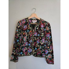 Vintage Maggy London Petite 6 100% Silk Floral Blouse Jacket Black Gold Trim Mod picture