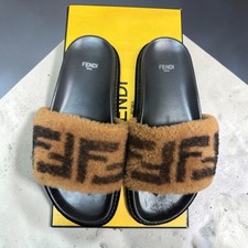Authentic Women's Brown Fendi Zucca FF Sherpa Slides 38 picture