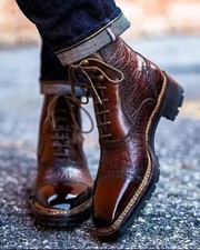 New Handmade Brown Genuine Leather Cap Toe Ankle Lace Office Dress Boots For Men picture