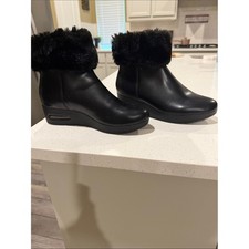 DKNY Black Faux-Fur Cuff Wedge Ankle Boots. Size 6.5 New picture