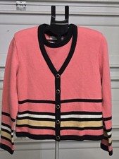 VTG St. John Sport Marie Gray Knit Cardigan & Tank Top Set Coral Black Old Money picture