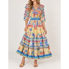 Diane Freis Maxi Dress Vintage Floral Georgette Ruffle Tiered Yellow Red Blue S picture