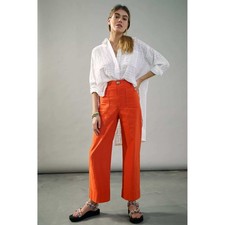 Maeve Anthropologie The Colette Sz 24 Orange Wide Leg Cropped Linen Blend Pants picture