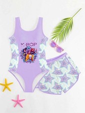 Girls K-Pop demon hunter Inspired Swimsuit Set One Piece Swimwear Matching Skirt picture